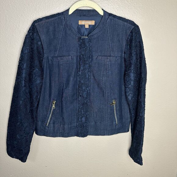 Ellen Tracy Jean Jacket Woman Size Small Lace Trim Dark Wash Long Sleeve Zipper - Picture 1 of 5